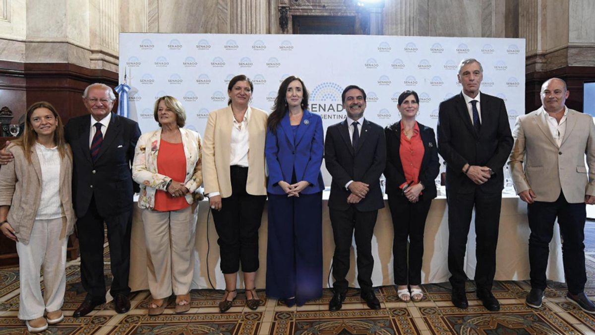 Villarruel con los expositores que dieron letra a la publicación "Políticas para cuidar la vida", el libro que editó en el Senado.