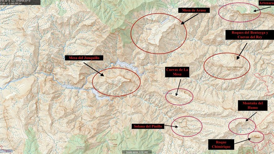 Mapa con la localización de las fortalezas de los antiguos canarios en el interior de La Caldera de Tejeda.