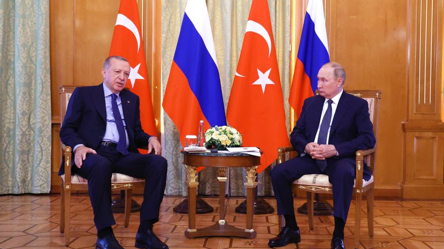 El presidente ruso, Vladímir Putin, y el mandatario turco, Recep Tayyip Erdogan, este viernes en el balneario ruso de Sochi. EFE/EPA/VYACHESLAV PROKOFYEV / SPUTNIK / KREMLIN POOL