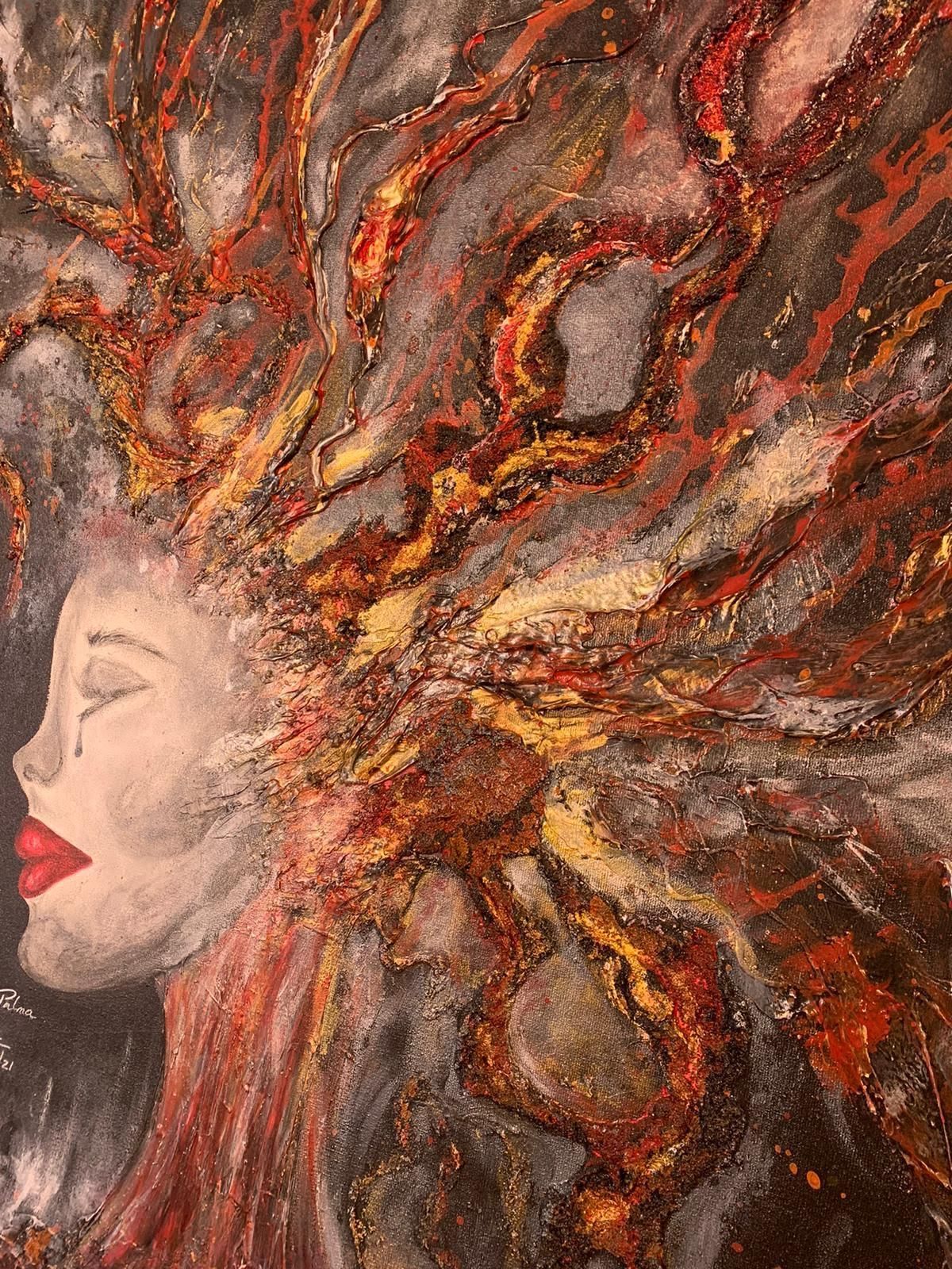 Cuadro realizado por la artista Mer Moraga con cenizas del volcán.