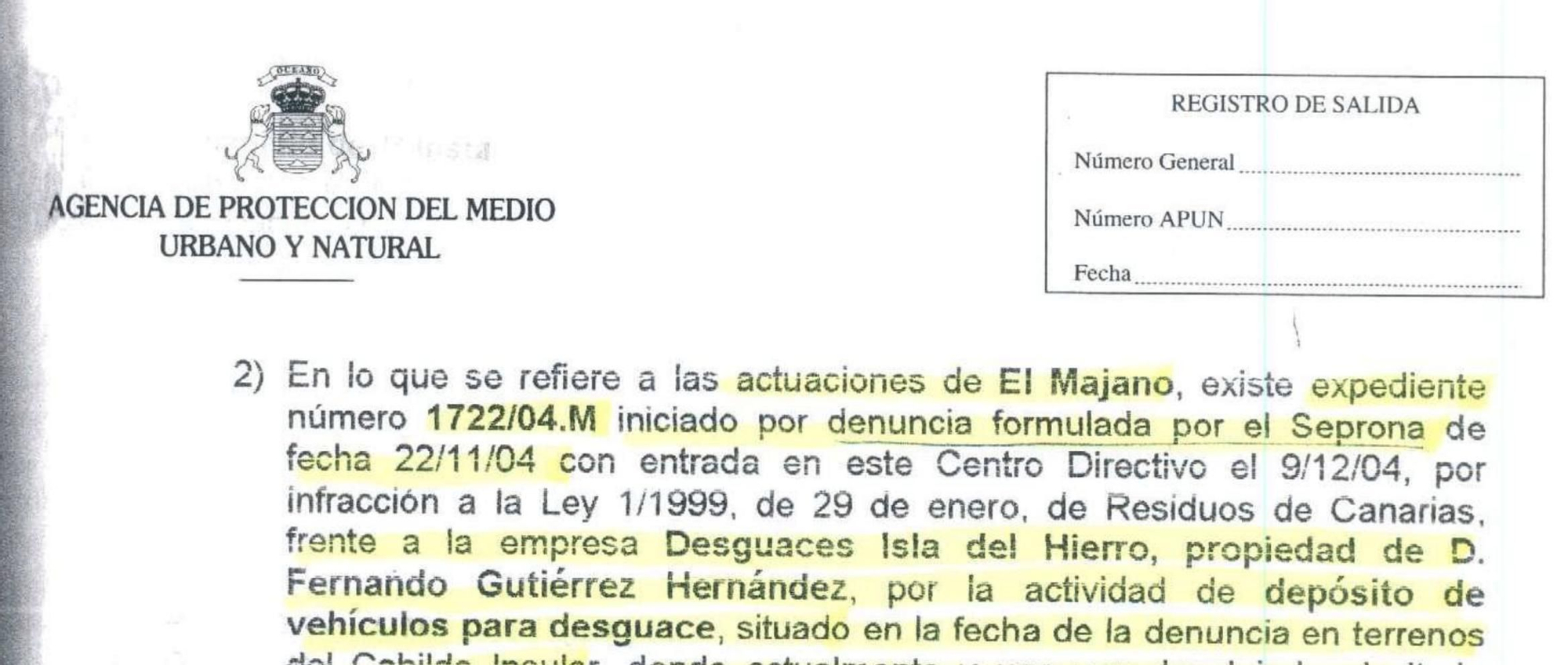 Extracto del informe de la Agencia de Protección del Medio Urbano y Natural.