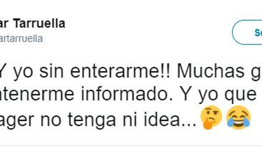 Tuit de Oscar Tarruella, mánager de Edurne