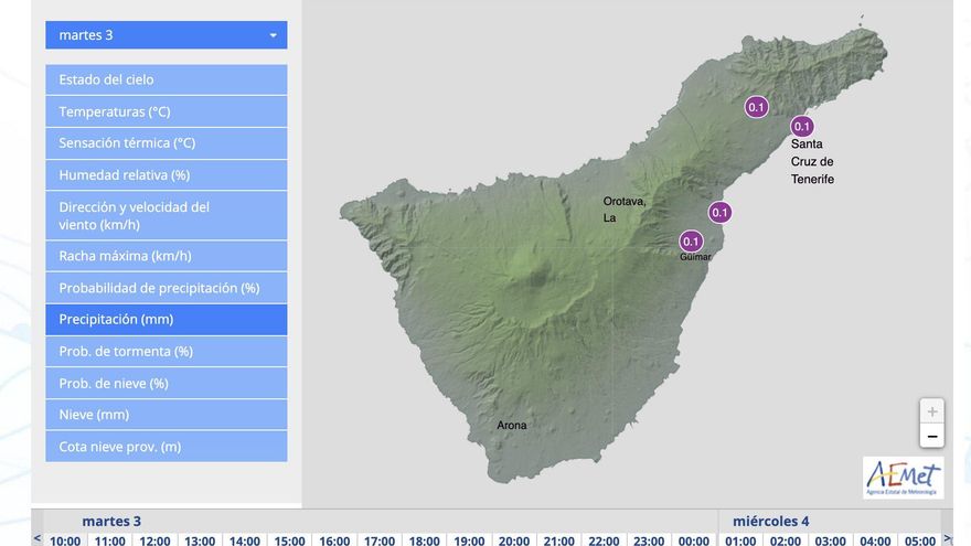 Capturas de precipitaciones (mm) en este martes en Canarias
