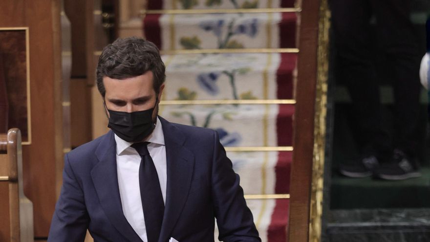 El líder del PP, Pablo Casado, en el Pleno del Congreso que debate sobre los indultos a los condenados por el 'procés'. En Madrid, a 30 de junio de 2021, en Madrid, (España).