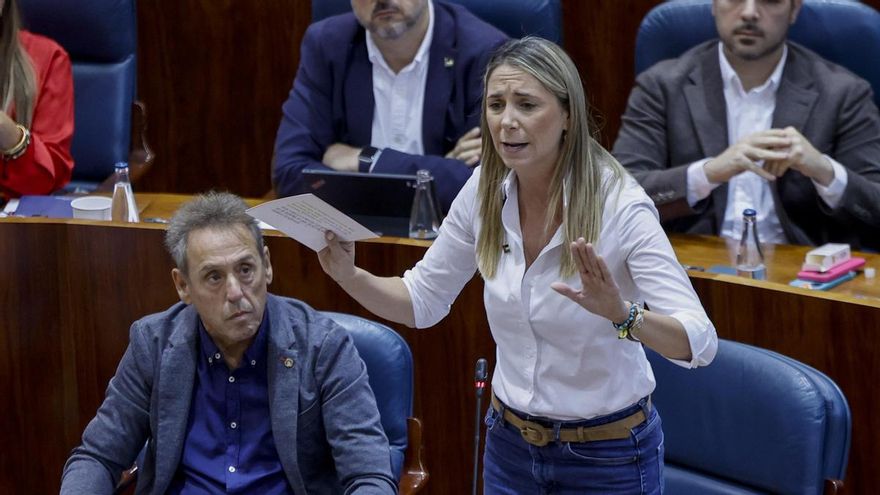 La portavoz del PSOE en la Asamblea de Madrid, Mar Espinar, durante su intervención en el pleno celebrado, este jueves, en la Asamblea de Madrid.