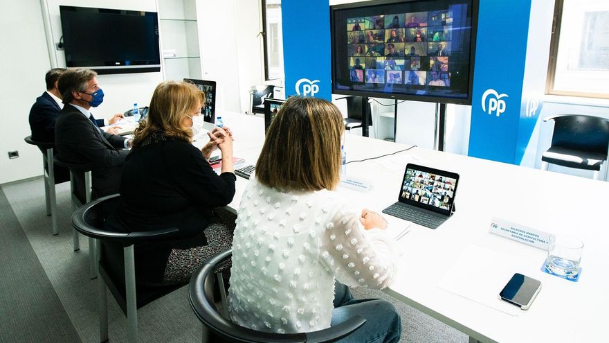 El vicesecretario de Territorial del PP, Antonio González Terol, y la vicesecretaria de Sectorial, Elvira Rodríguez; mantienen una reunión telemática con consejeros del PP para hablar sobre el reto demográfico. En Madrid, 7 de abril de 2021.