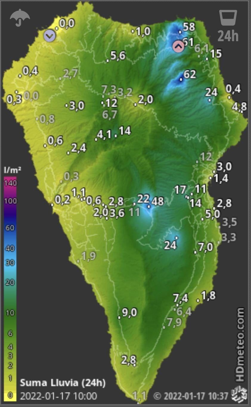 Mapa de HD Meteo La Palma en el que se indica la lluvia registrada, hasta las 10.37 horas, en diferentes puntos de la Isla.