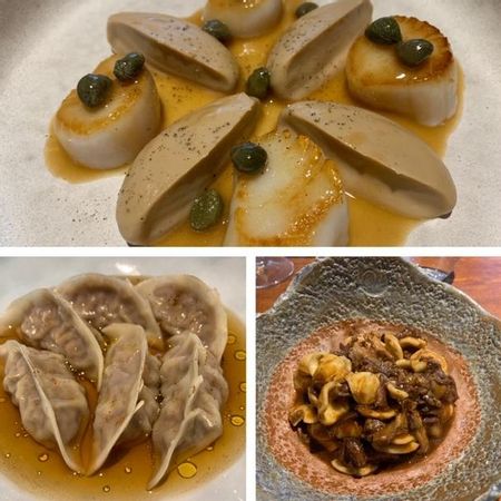 Vieira, dumpling y pasta