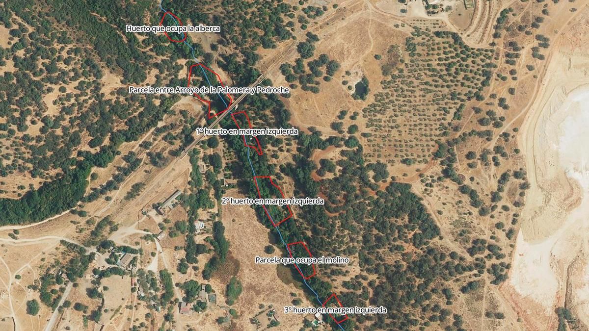 Ubicación de las construcciones denunciadas en el dominio público hidráulico del arroyo Pedroche.