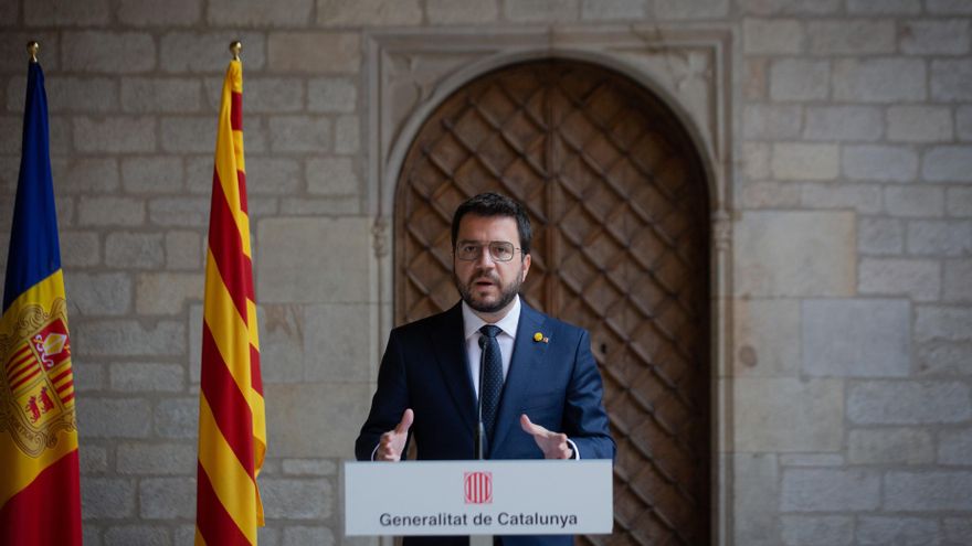 El presidente de la Generalitat, Pere Aragonès, en rueda de prensa tras reunirse con el jefe de Gobierno de Andorra, Xavier Espot.