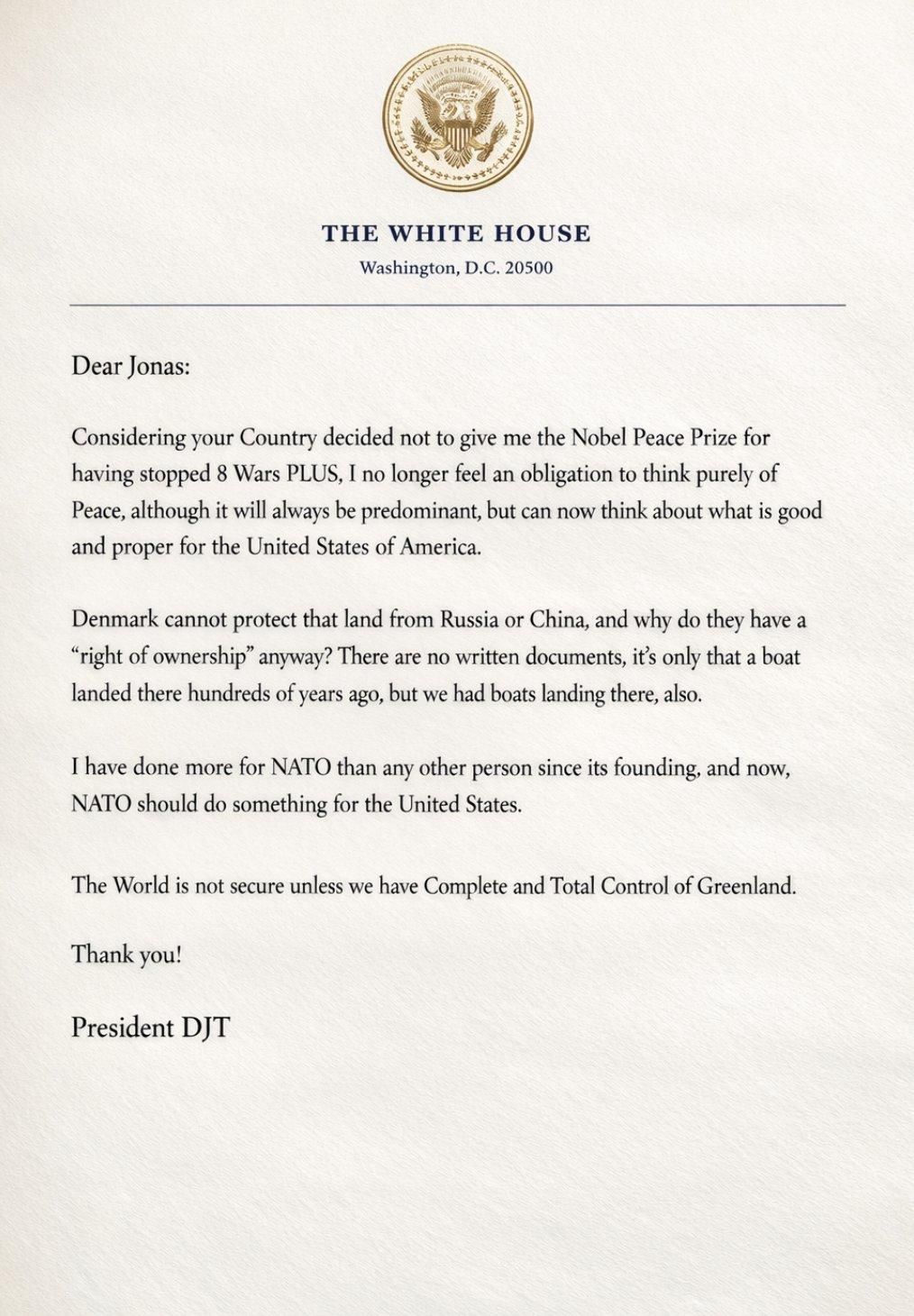 Carta de Trump al primer ministro noruego.