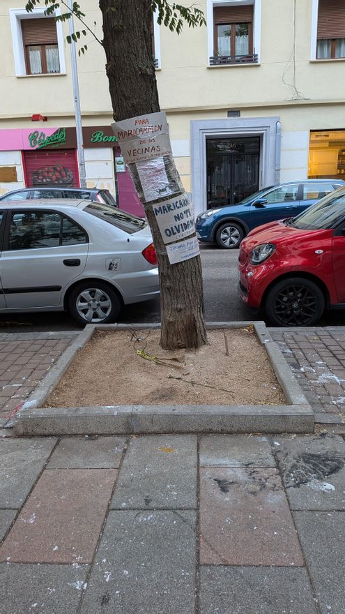 Alcorque del árbol frente a la casa de Maricarmen, con restos de cera por las velas retiradas