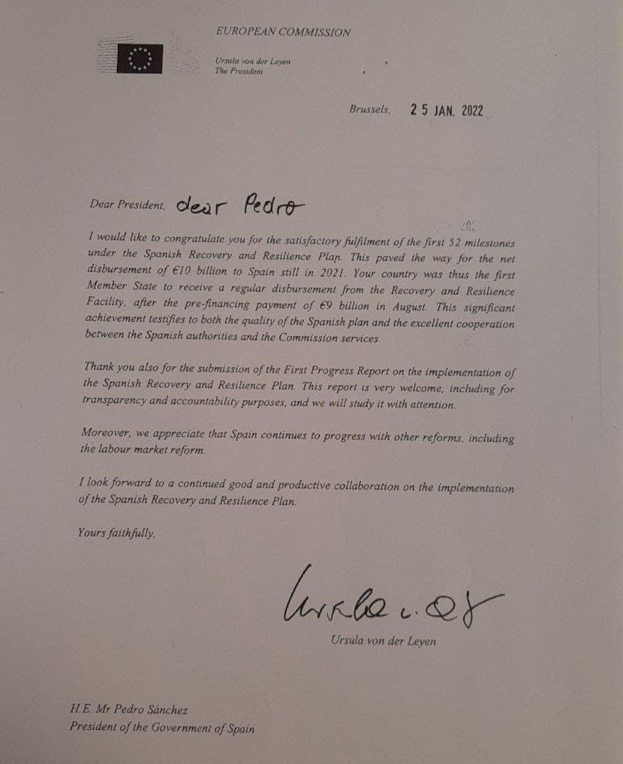 Carta de la presidenta de la Comisión Europea a Pedro Sánchez