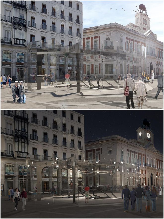 Marquesina prevista para la Puerta del Sol, de día y de noche
