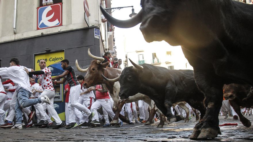Los mozos, durante el cuarto encierro de los Sanfermines con toros de la ganadería La Palmosilla este domingo en Pamplona. EFE/Villar López
