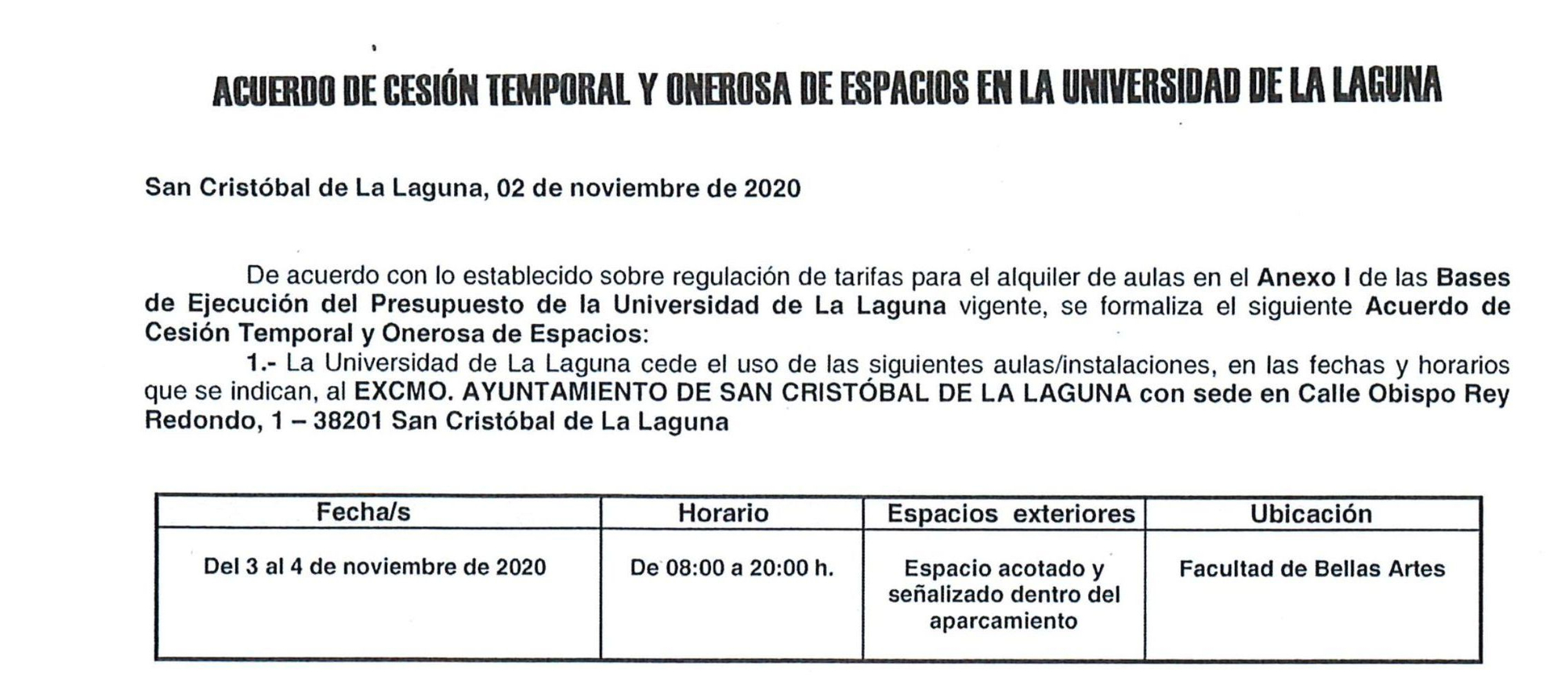 Parte del Acuerdo de Cesión Temporal y Onerosa de espacios en la Universidad de La Laguna