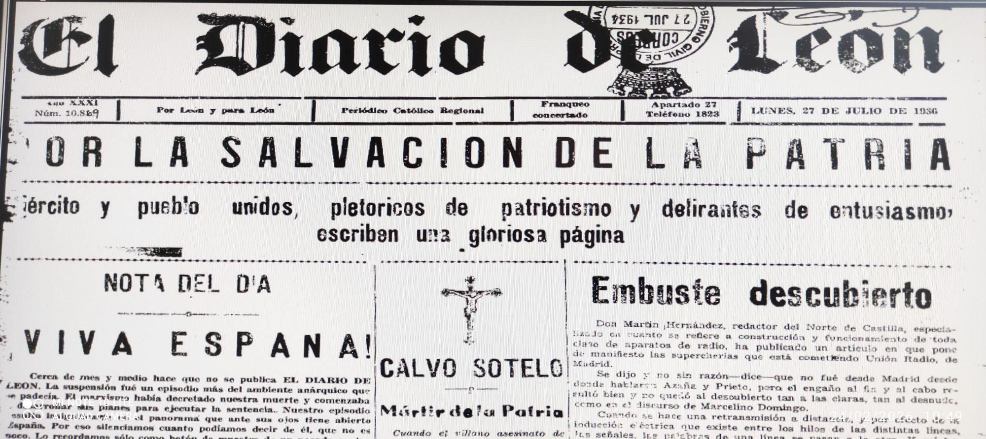 El Alzamiento Nacional visto como la salvación de la Patria el 27 de julio de 1936 en 'El Diario de León'.
