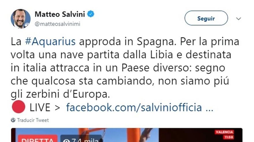 Políticos valencianos dan la bienvenida al Aquarius mientras Salvini celebra que Italia ya no es "el felpudo" de Europa