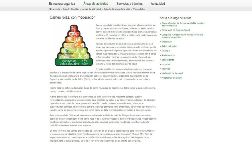 La web de la Junta de Andalucía también recomienda "reducir el consumo de carne roja" como el ministro Alberto Garzón