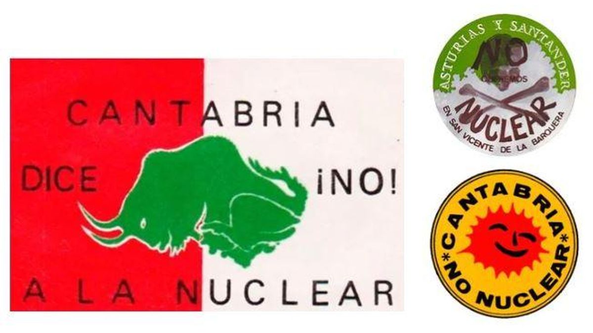 Pegatinas de los años 70 de la campaña contra la central nuclear de Santillán en Cantabria.