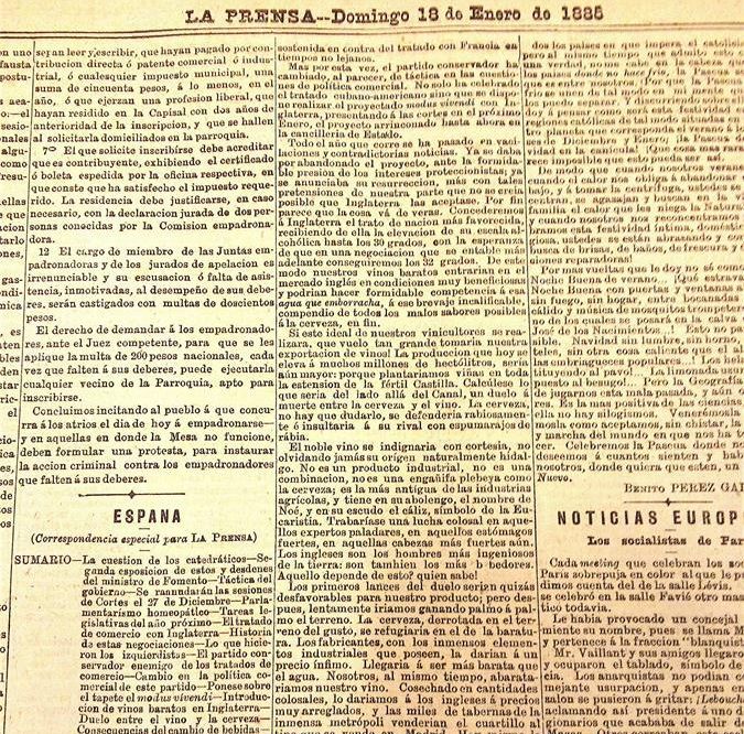 Foto facilitada de la sección de España, a cargo de Benito Pérez Galdós, del diario 'La Prensa' del 18 de enero de 1885