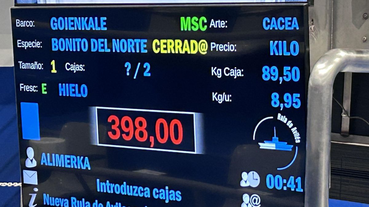 Un cartel para la historia con el precio récord pagado por la primera tina de bonito del norte en la rula de Avilés.