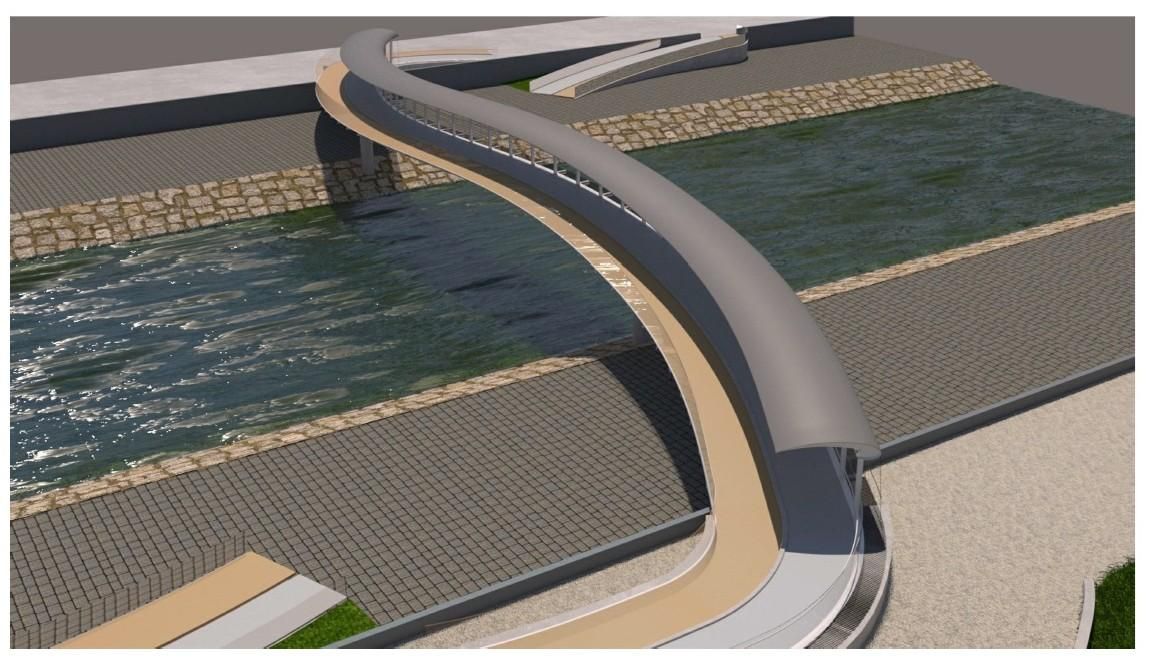 Recreación de la serpenteante pasarela cubierta y en diferentes niveles en el Bernesga en León.