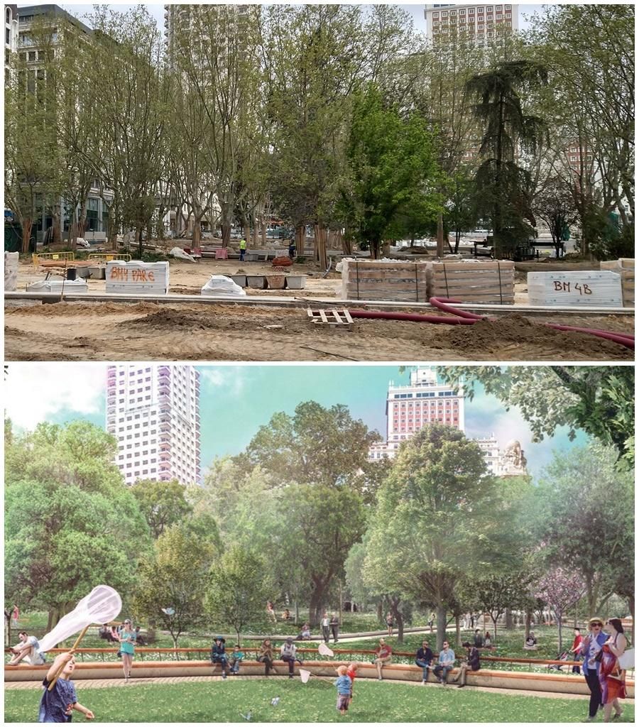 Vista sur de las obras de Plaza España (arriba) y recreación final (abajo)