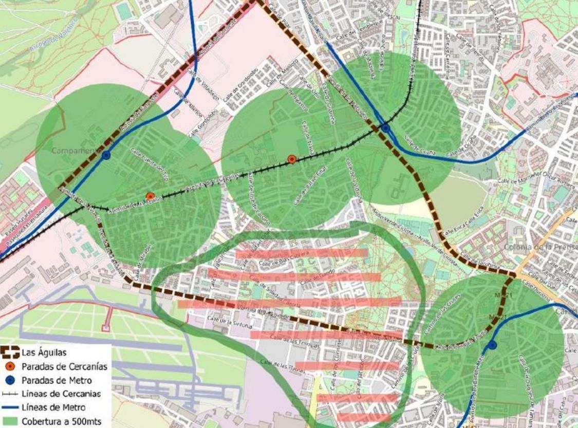 La zona marcada con líneas naranjas horizontales es la que queda sin cubrir en los barrios de Las Águilas y Cuatro Vientos (Latina) y el de Buenavista (Carabanchel)