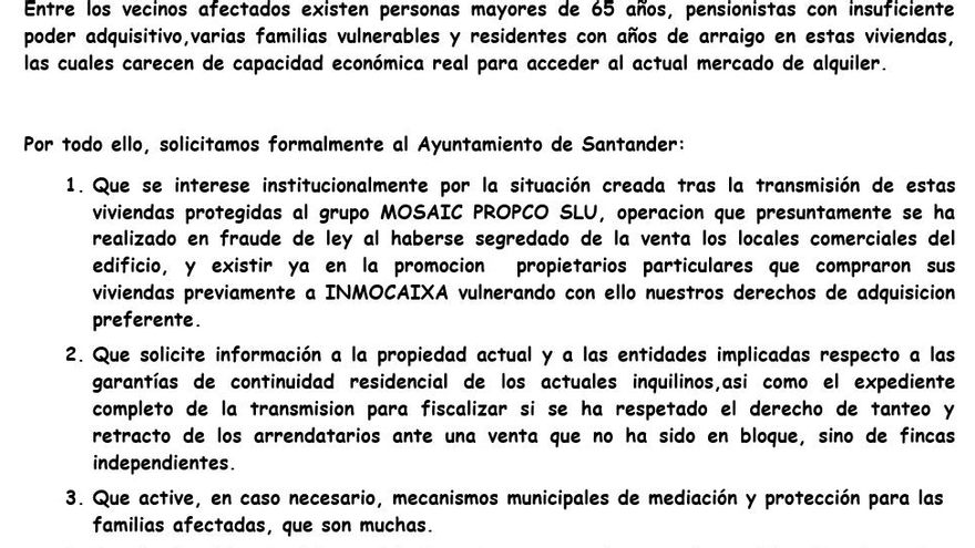 Copia de la carta de la agrupación de afectados entregada en Intervención General.