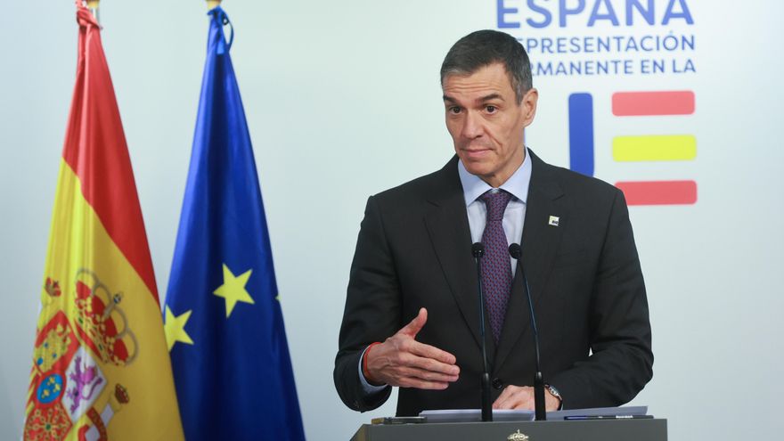 Pedro Sánchez durante la rueda de prensa al término de la cumbre del Consejo de la UE en Bruselas, Bélgica.