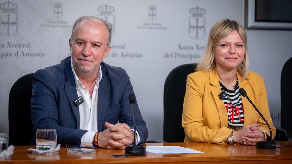 El diputado Gonzalo Centeno y la portavoz de Vox en el Ayuntamiento de Avilés Arancha Martínez, durante su comparecencia ante los medios de comunicación asturianos.