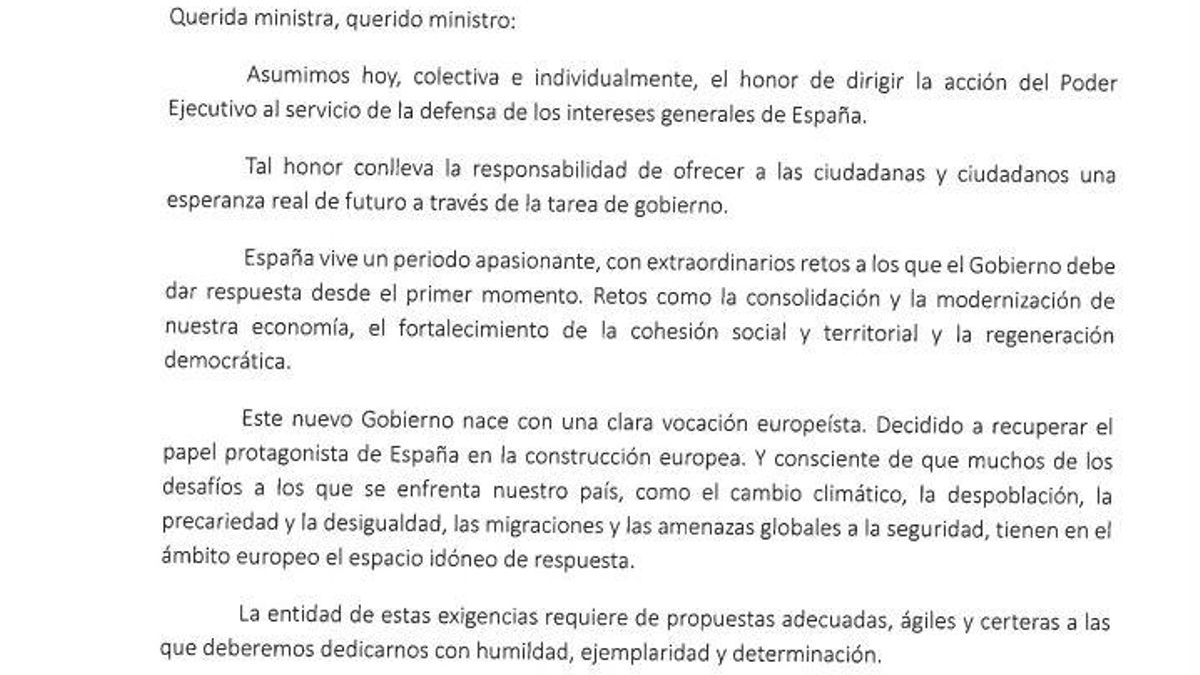 Carta de Pedro Sánchez a sus ministras y ministros.