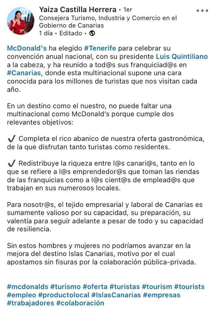 Publicación de la consejera de Turismo, Industria y Comercio, Yaiza Castilla Herrera.