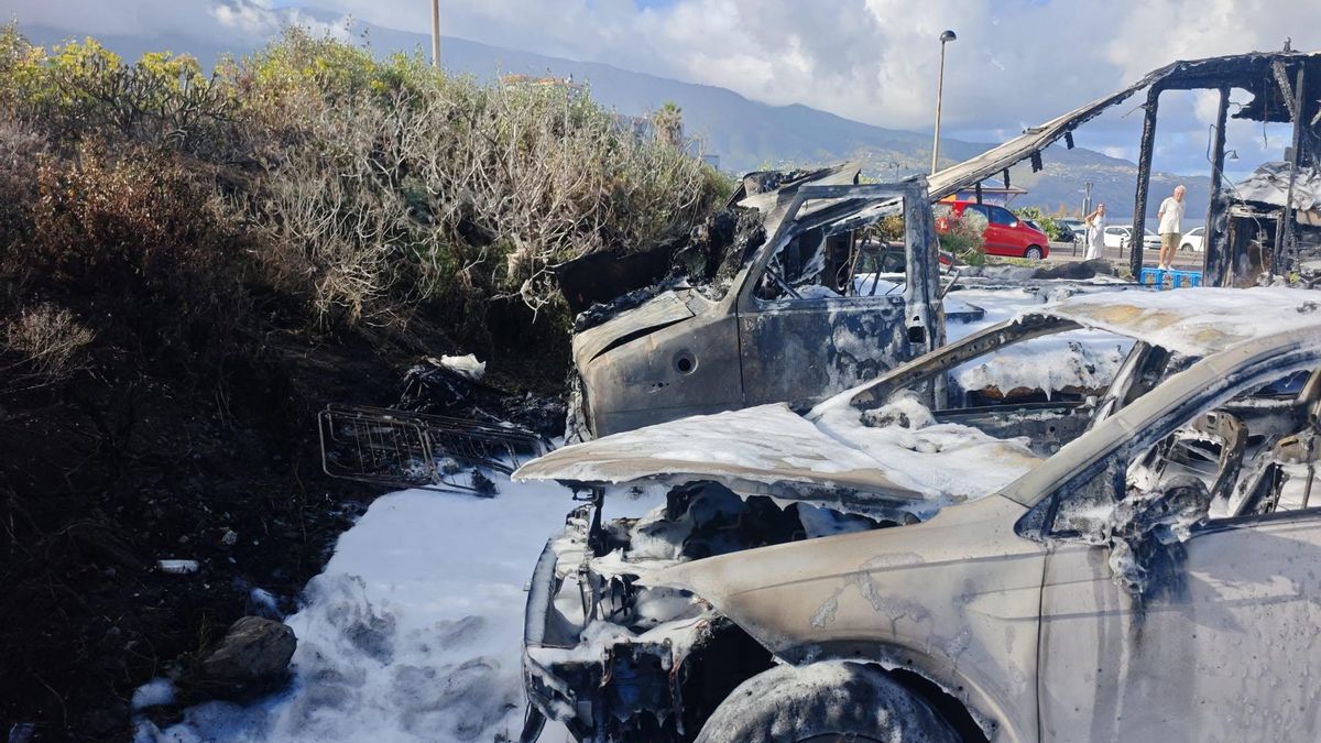 Estado en el que quedaron la autocaravana y los dos  coches  tras el incendio en Los Cancajos.