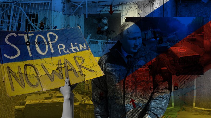 Abajo un tanque ucraniano y arriba un edificio de Kiev destrozados, una pancarta contra Putin y la guerra y un mapa del avance de la invasión
