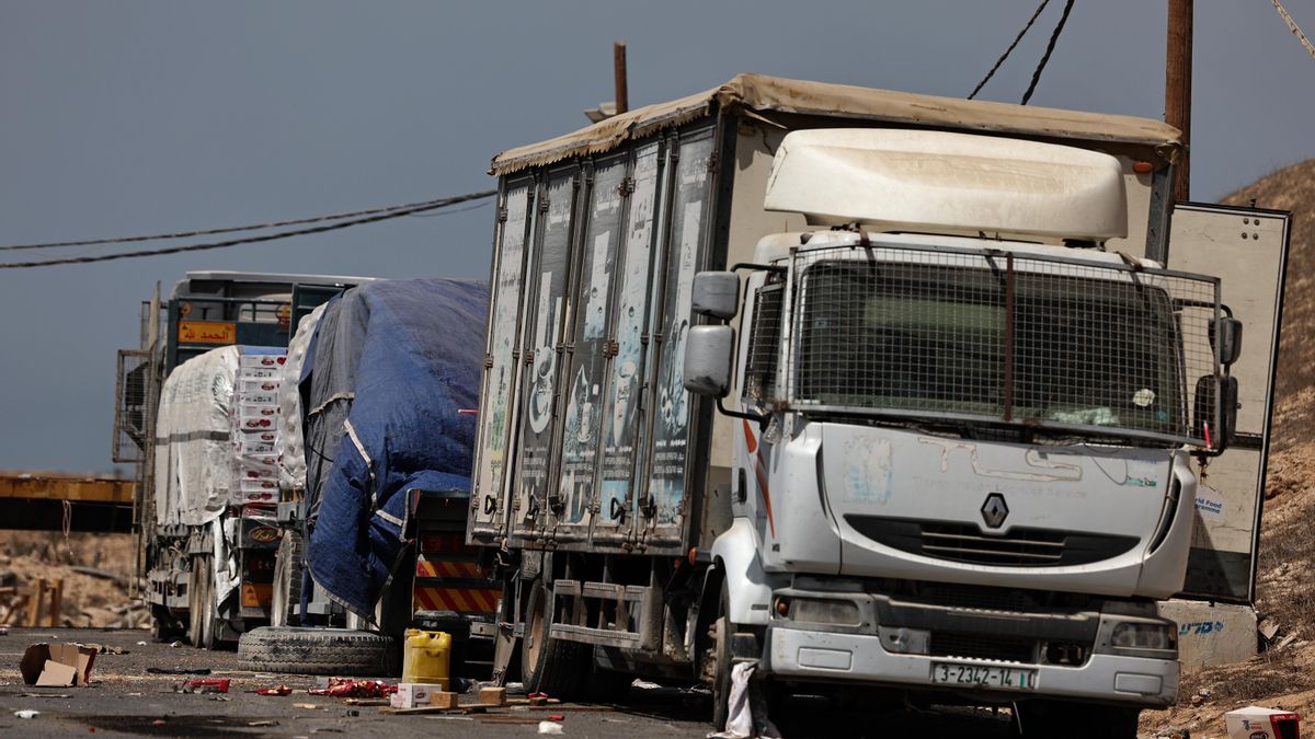 Damaged humanitarian aid next to a damaged Palestinian truck near the border with the Gaza Strip, in the border crossing of Kissufim, south of Israel, on August 19, 2025.