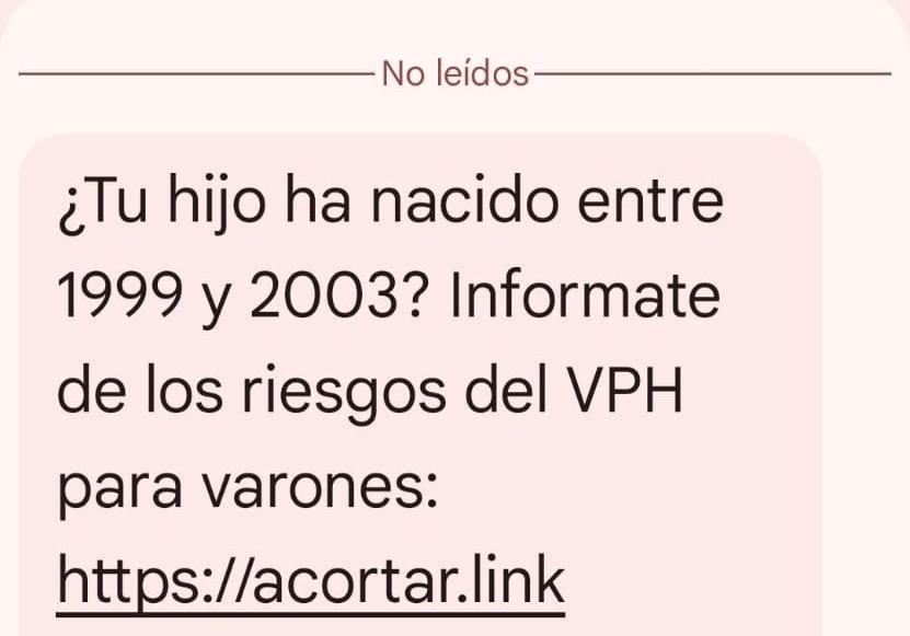 Mensaje enviado por el Servicio Murciano de Salud a ciudadanos con hijos nacidos entre los años 1999 y 2003