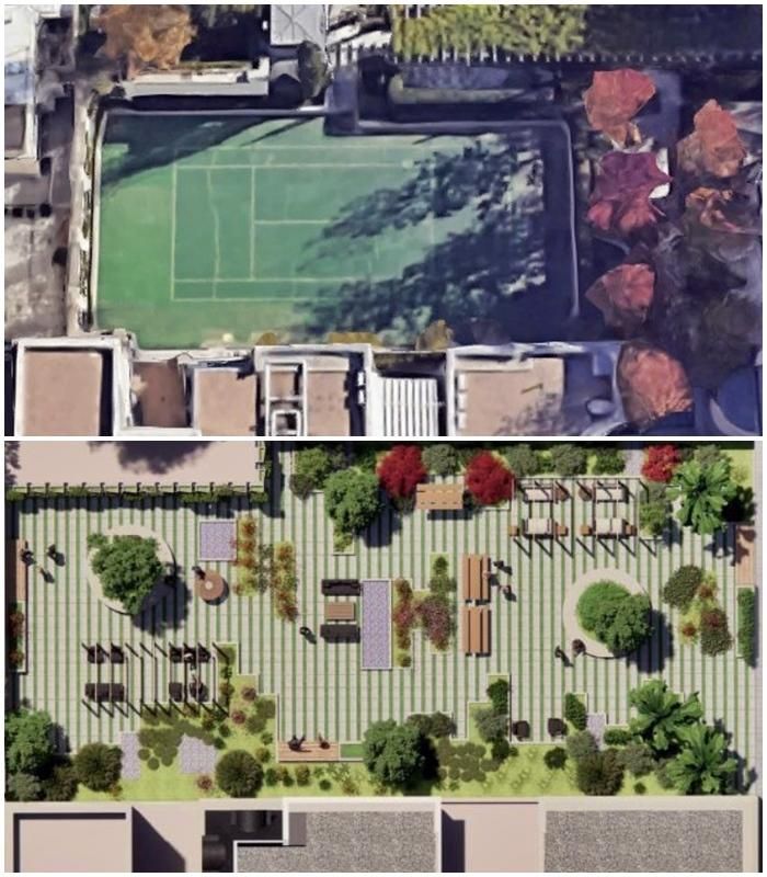 Pista de tenis de la Banca March, ahora (arriba) y después de al actuación (abajo)