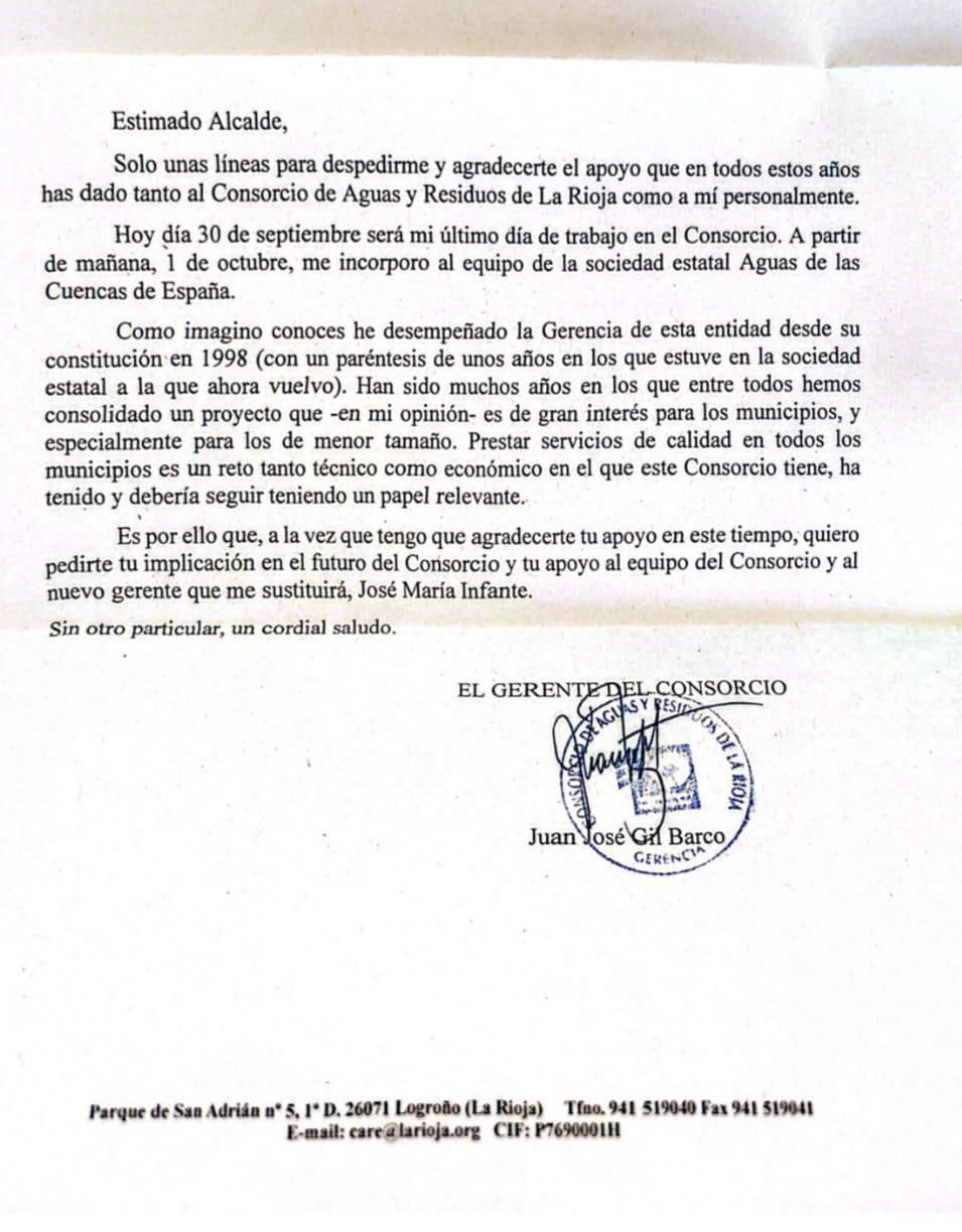 Carta del exgerente del Consorcio de Aguas y Residuos de La Rioja a los alcaldes