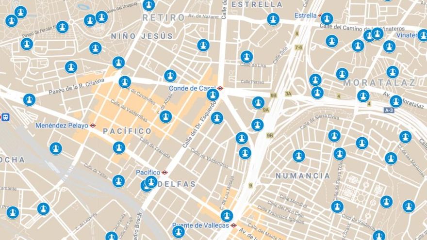Mapa de todas las fuentes públicas de agua potable en Madrid