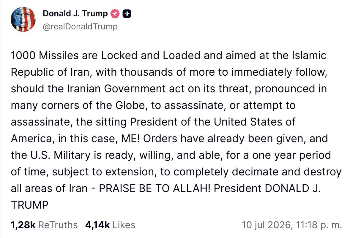 Truth Social de Trump sobre Irán.