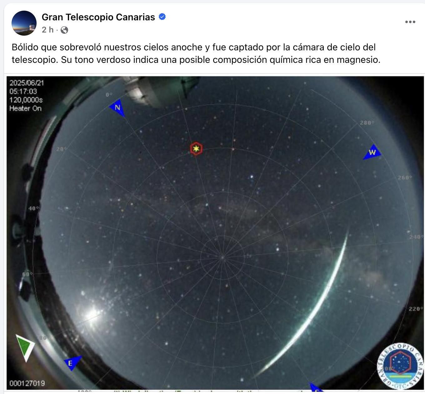Imagen  del bólido cruzando la bóveda celeste de La Palma captada por  la cámara del cielo del Grantecan en la madrugada de este sábado, 21 de junio de 2025.