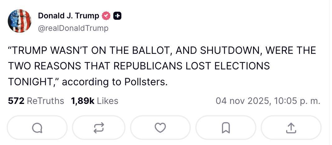 Truth Social de Trump en la noche electoral del 4 de noviembre de 2025.