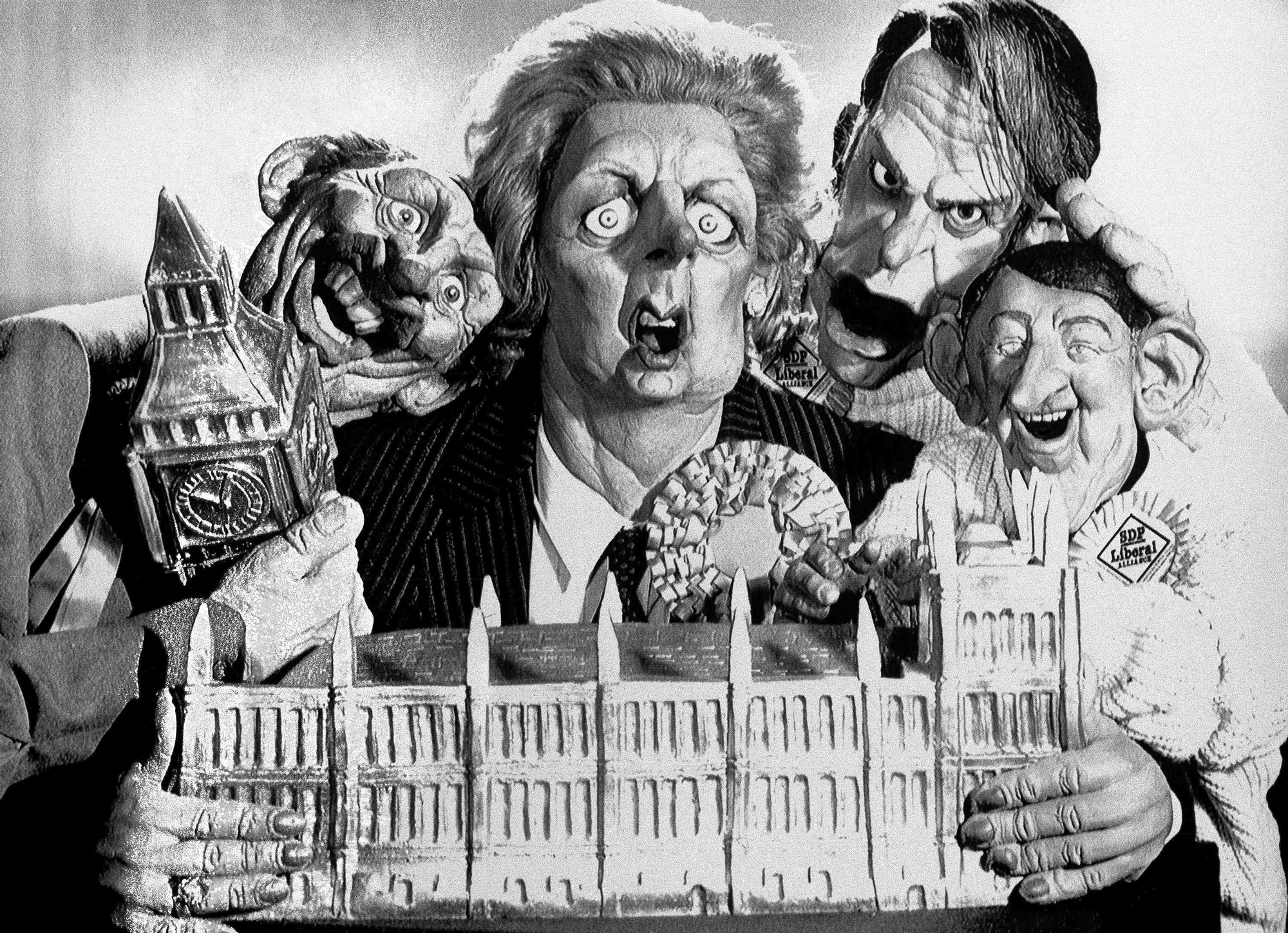 Puppet representations of Neil Kinnock, Margaret Thatcher, David Owen and David Steele will be going ?live? across Europe ? courtesy of the TV programme ?Spitting Image? in London on June 9, 1987. Twenty two million viewers across Europe will be able to join the British audience to watch the ?Spitting Image Election Special?. The programme has a reputation for hard-hitting but humorous political satire. (AP Photo)