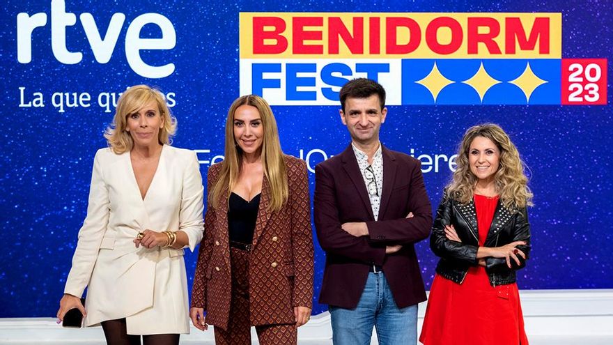 María Eizaguirre, Mónica Naranjo, José Pablo López y Eva Mora en la presentación del Benidorm Fest 2023