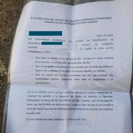 Una de las solicitudes de readmisión que los migrantes presentarán a Cruz Roja para volver a entrar al campamento Canarias 50