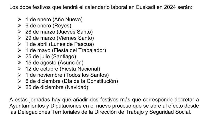 Calendario laboral de Euskadi para 2024