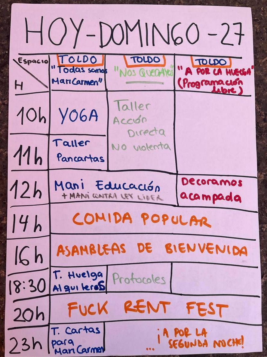 Programa de actividades del Sindicato de Inquilinas para la manifestación de Sol el domingo 27.