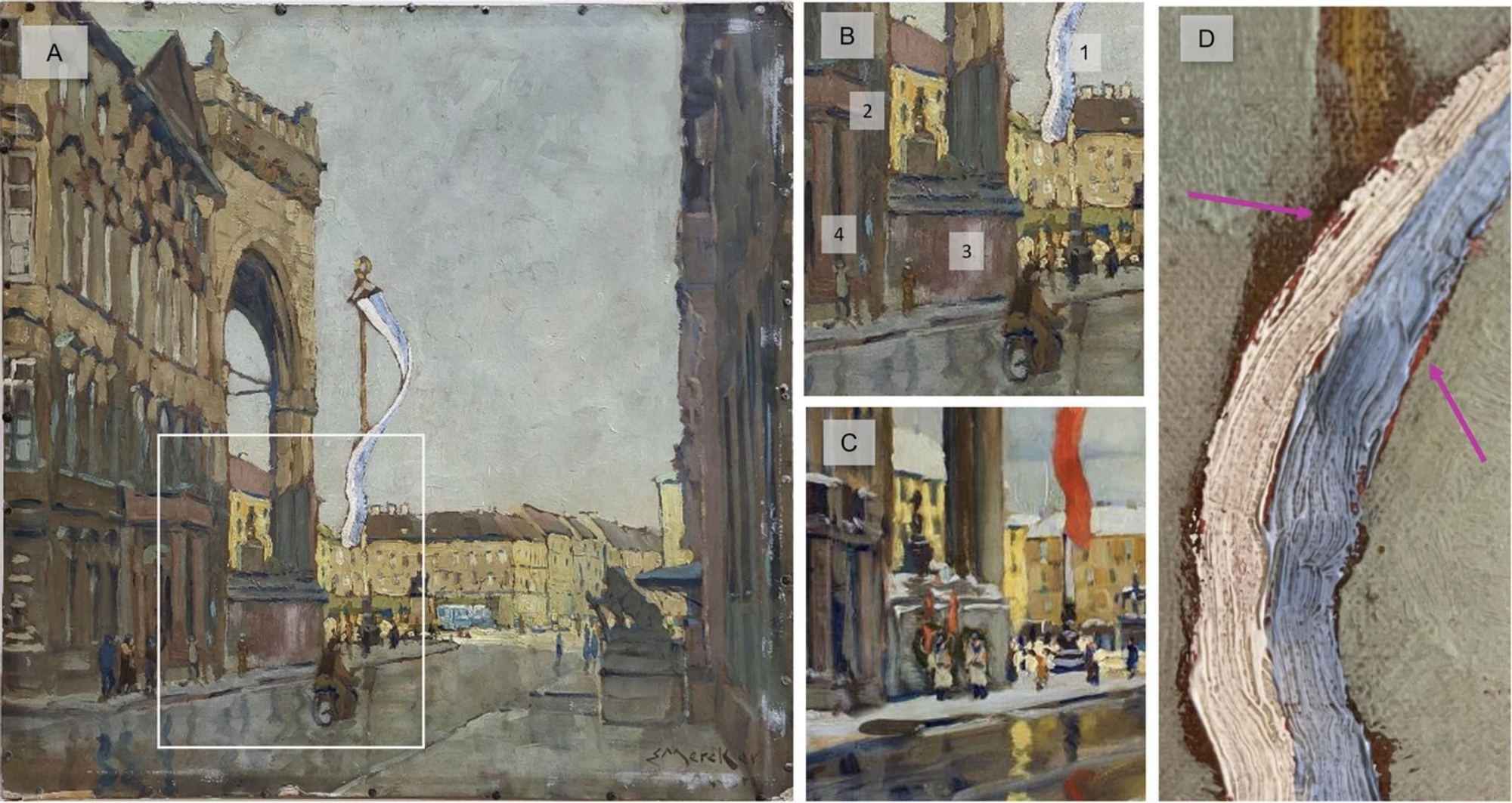 A La pintura investigada en este trabajo con el área conmemorativa está marcada con un rectángulo blanco. B El área conmemorativa, marcada con ROIs; C un área similar en la pintura mostrada en la Fig. 1C . D Se pueden discernir restos rojos alrededor de la bandera azul y blanca de la Fig.